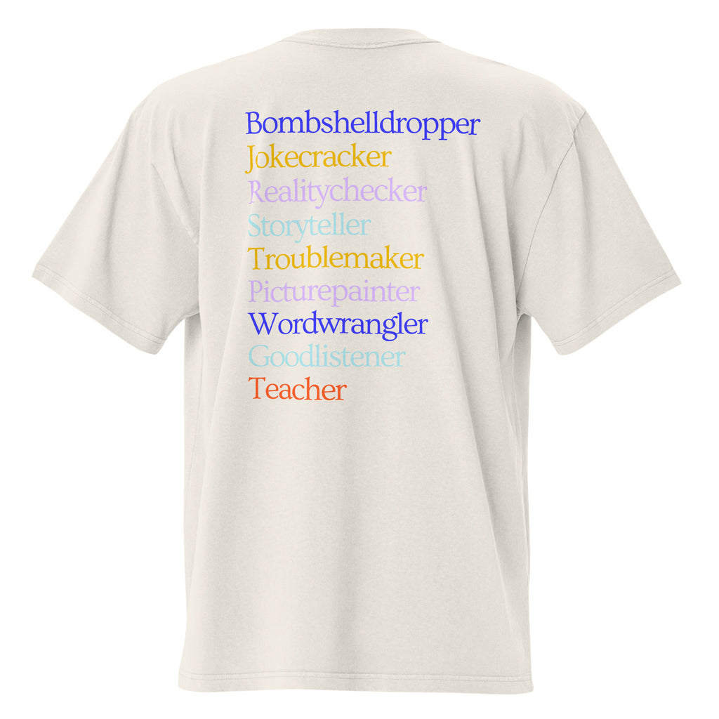 White t-shirt with colorful text on the back on a white background