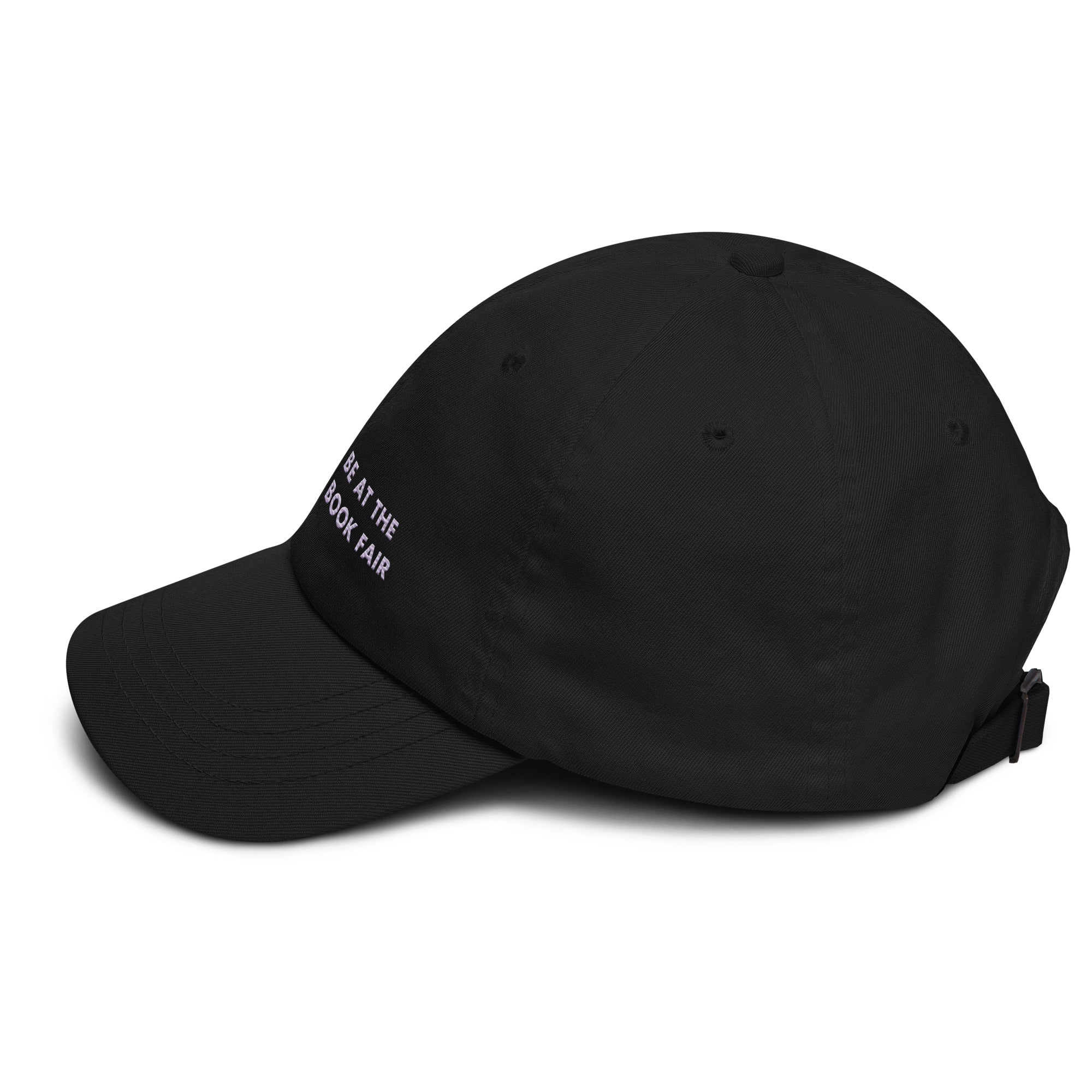 Black cap with text on a white background