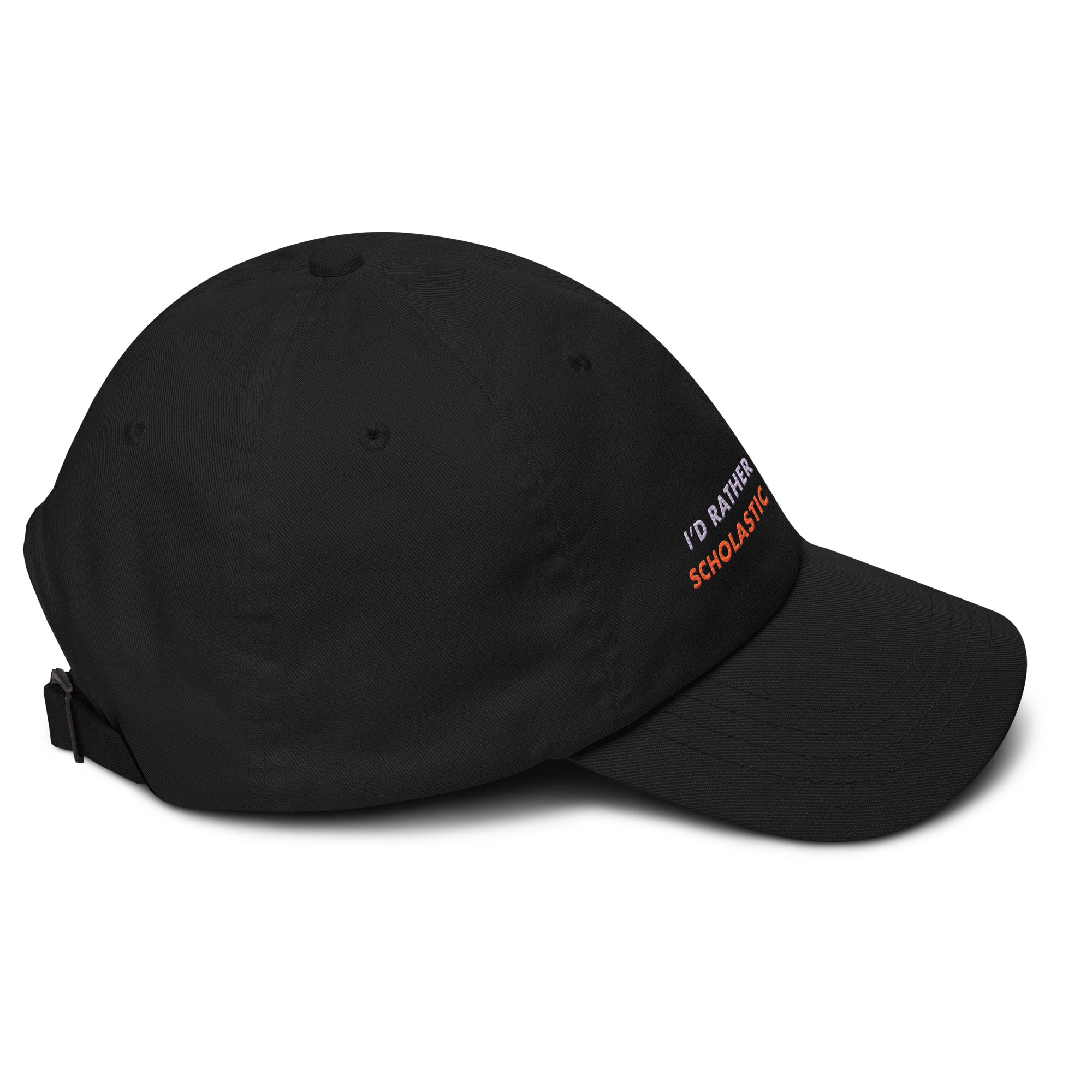Black cap with text on a white background