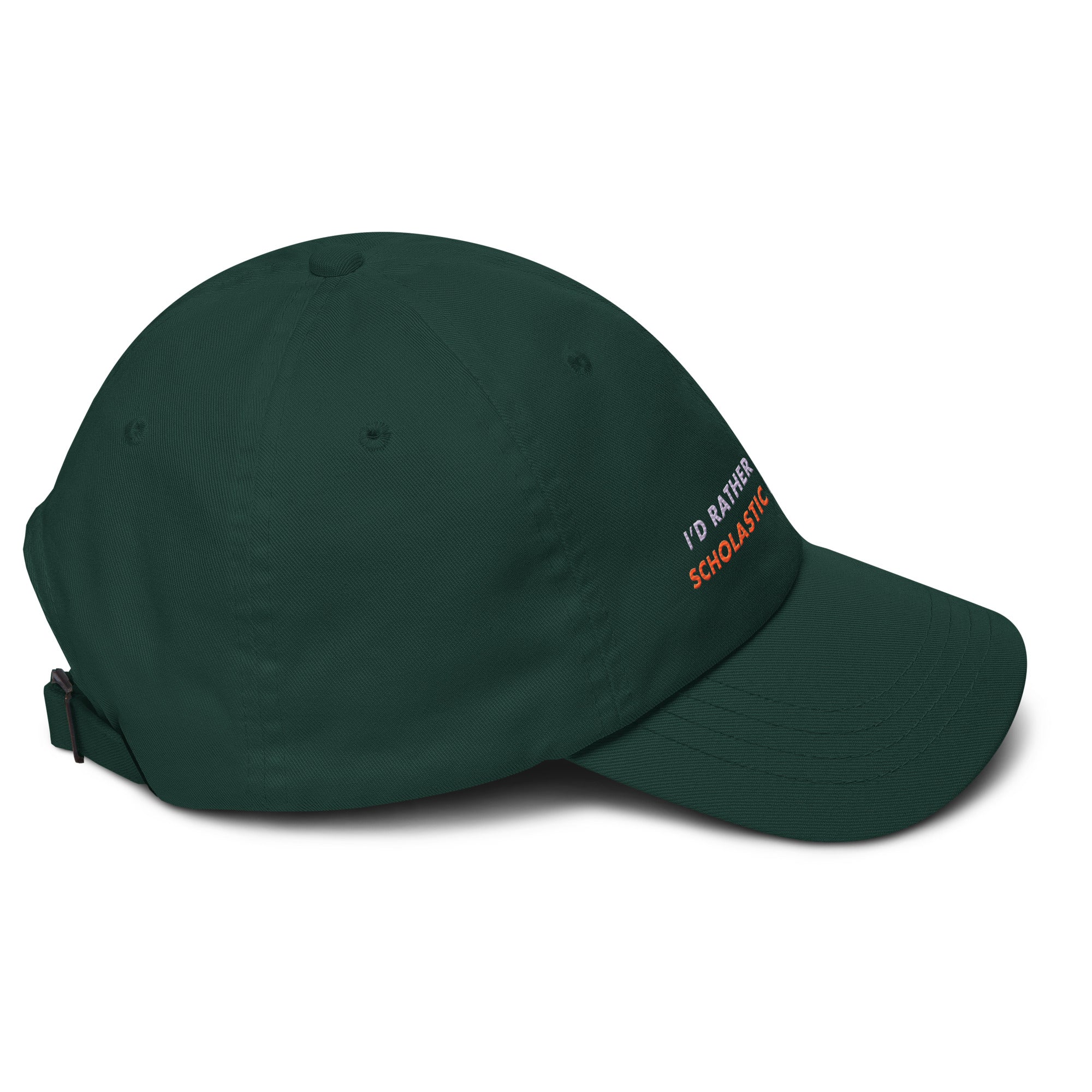 Green baseball cap with text on a white background