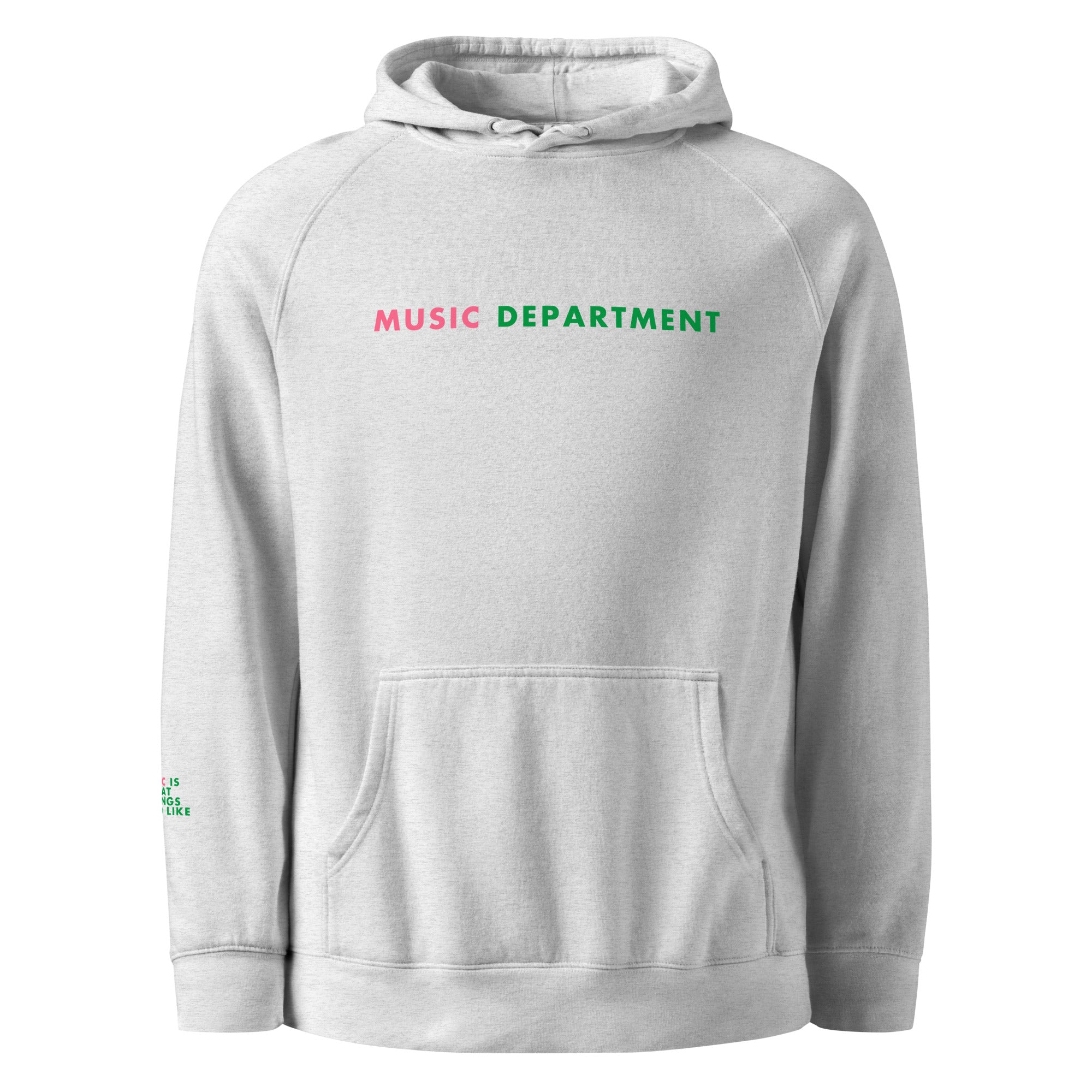 Gray hoodie with 'Music Department' text on a white background