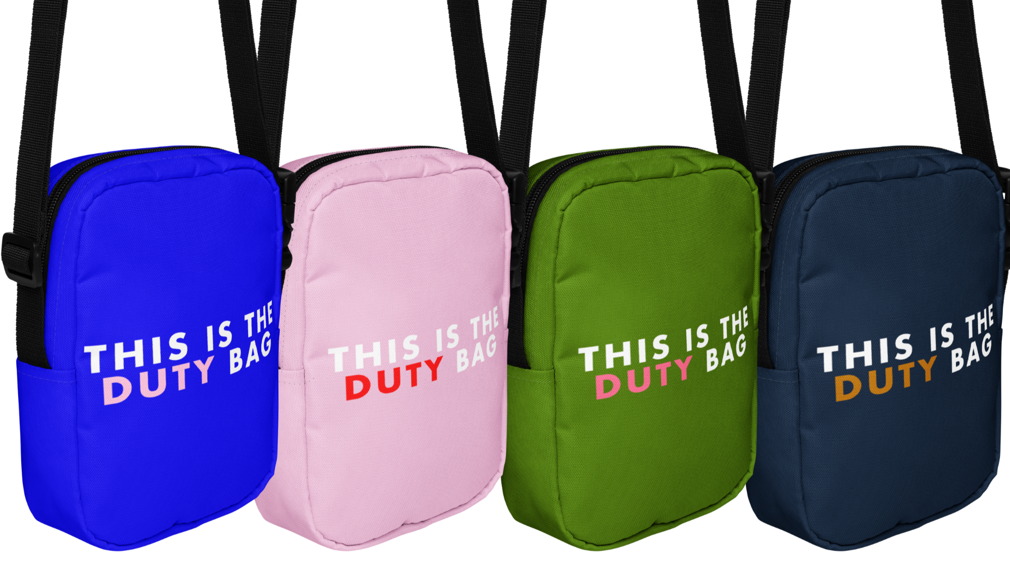 Four colorful bags with 'This is the duty bag' text on a white background